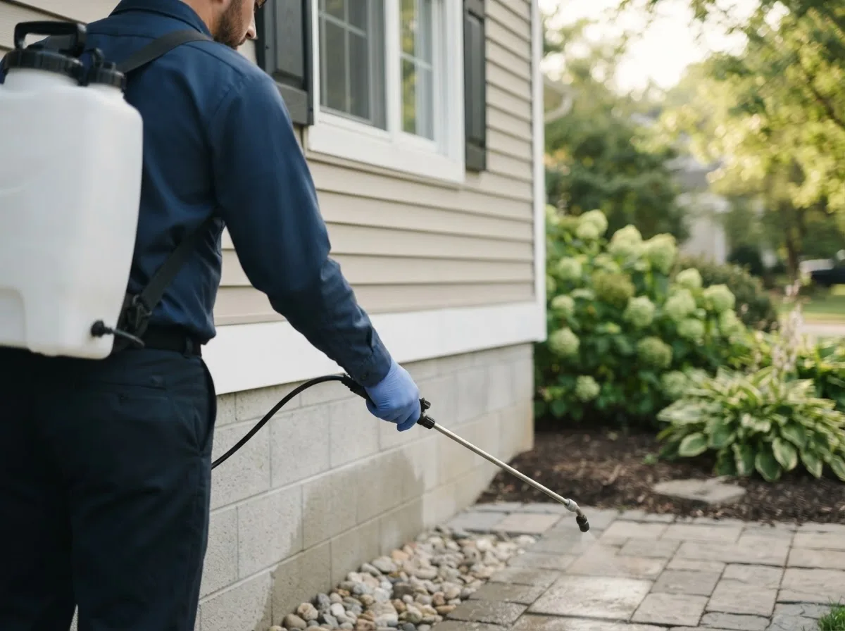 Pest control technician inspecting a home in San Isidro, TX